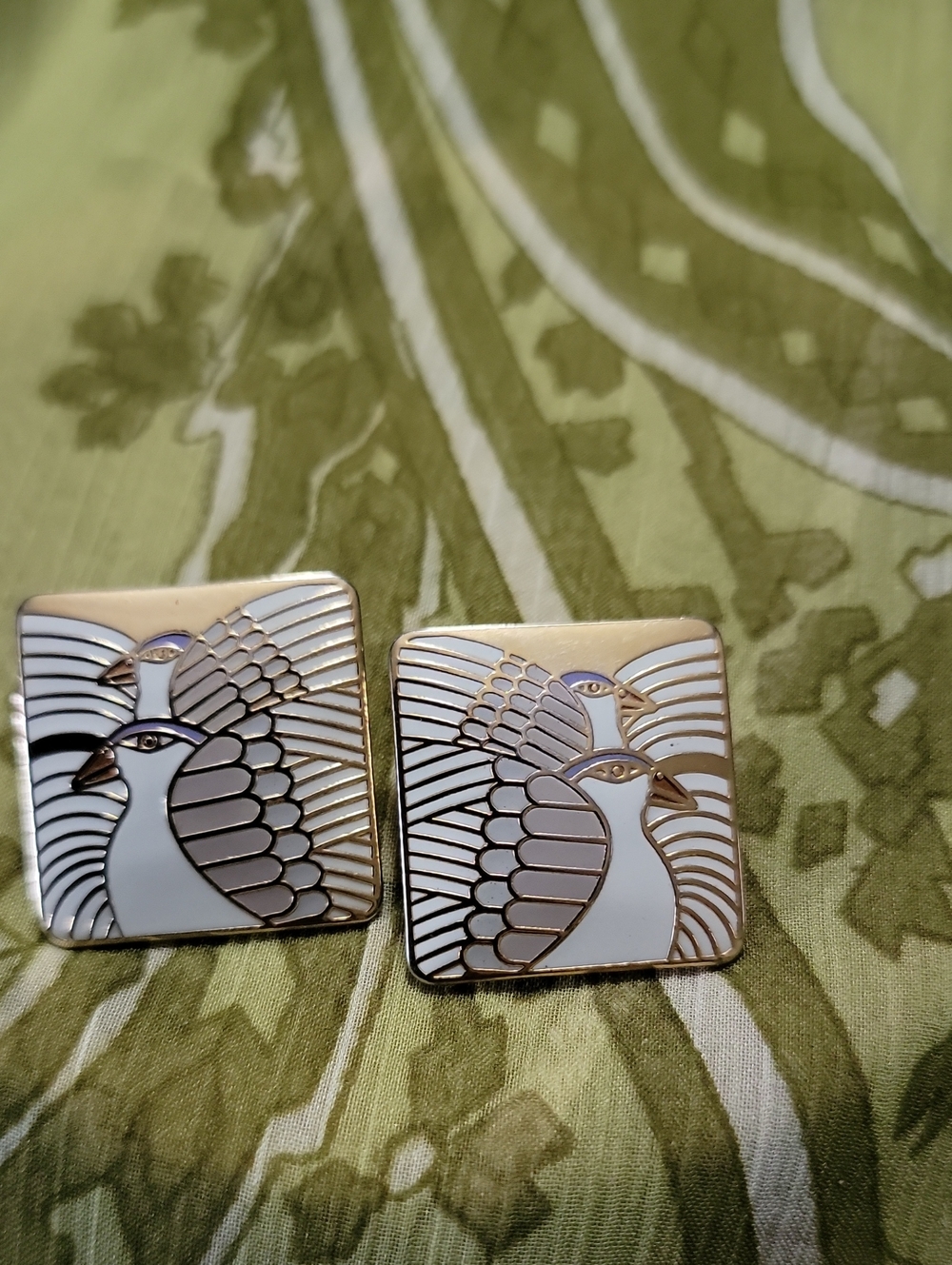 Laurel Burch Enamel Dove Bird Square Stud Earrings in White and Gold
